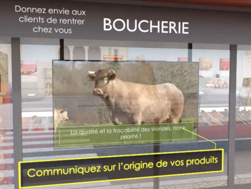 Ecran TV dans la devanture d'une boucherie